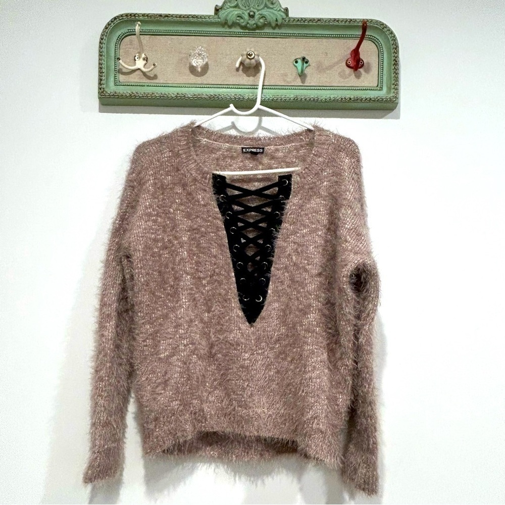 Express fuzzy grey black velvet lace front pullover sweater women’s small